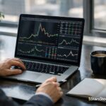 Investor analyzing penny stocks on laptop using market research data