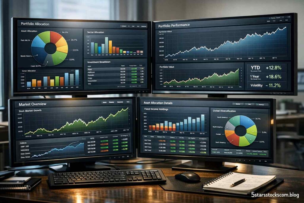 diversified investment portfolio chart showing stock allocation and financial growth indicators