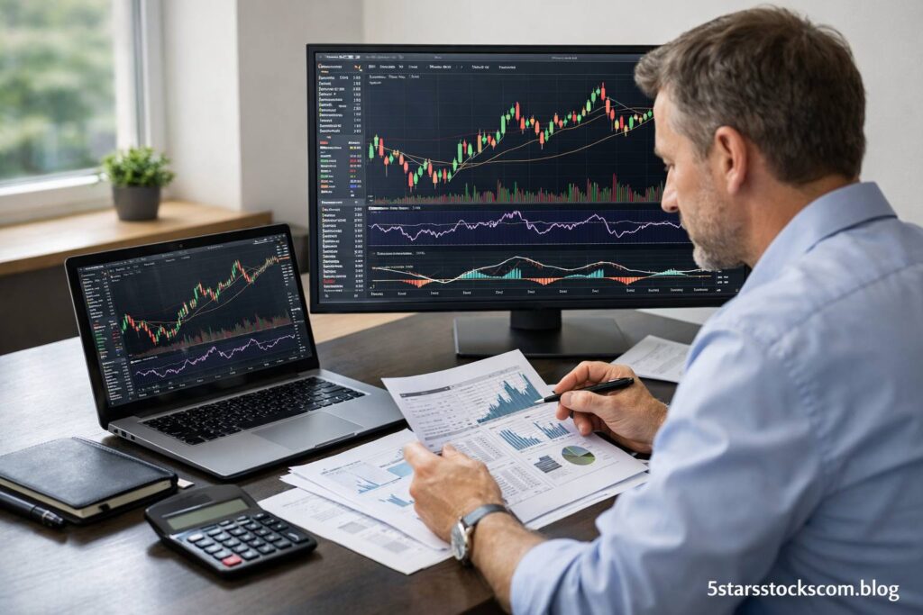 professional investor analyzing stock market data and financial charts on laptop and monitor