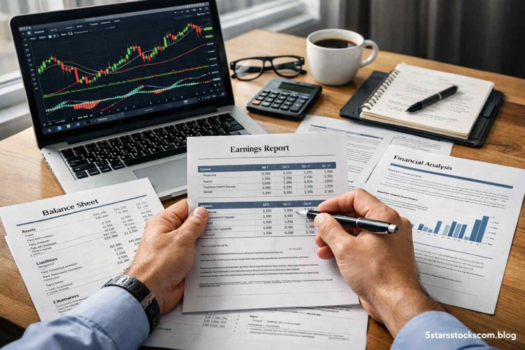 investor reviewing financial statements and stock analysis reports on desk with laptop charts