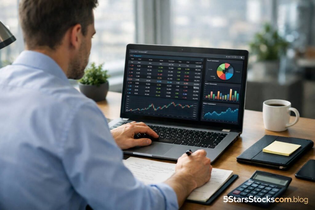 Trader managing risk and monitoring penny stock positions on laptop